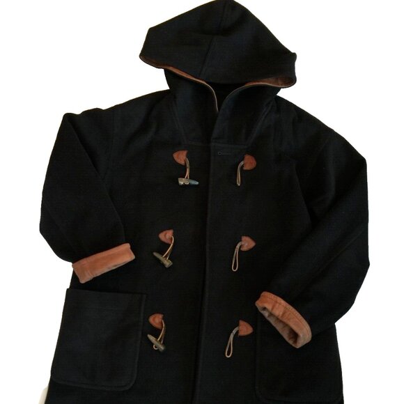 VINTAGE 100% WOOL LEATHER TRIM HOODED DUFFLE COAT WOMENS 10 BLACK MADE IN USA - Picture 1 of 14